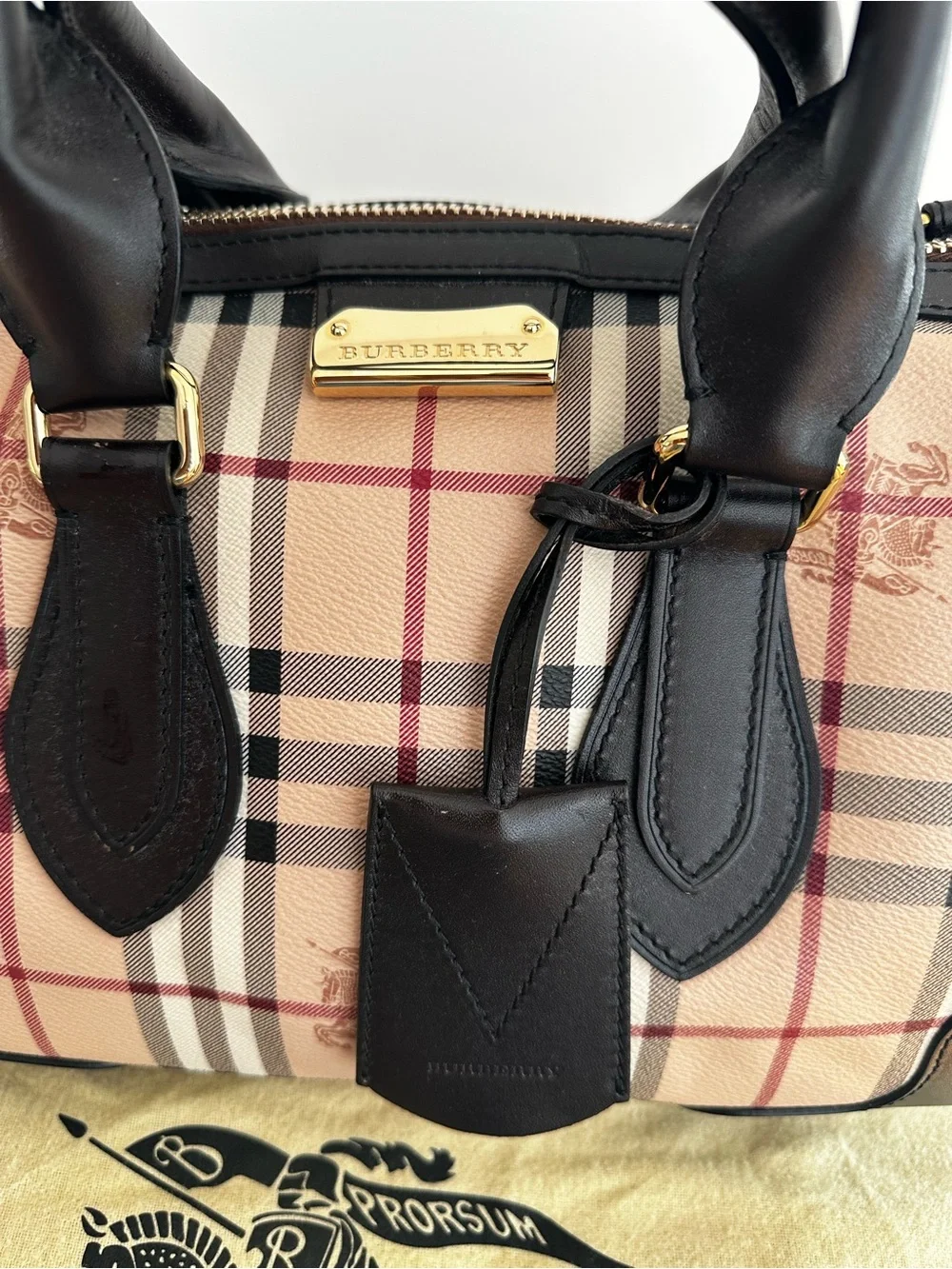 Burberry Beige Vintage Check Satchel with Black Leather Trim